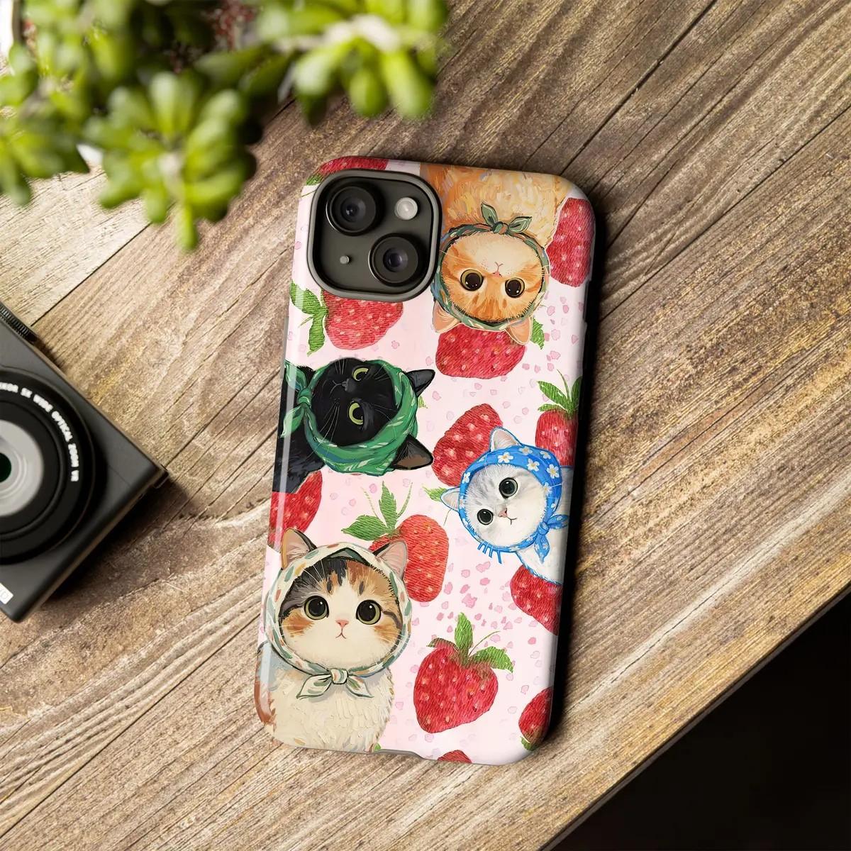 

Luxury Clmj Strawberry Cat Phone Case for iPhone 17 17e 16e 16 15 14 13 12 11 X XS XR XSMAX Air Pro Max Plus Double-layer iPhone 17
