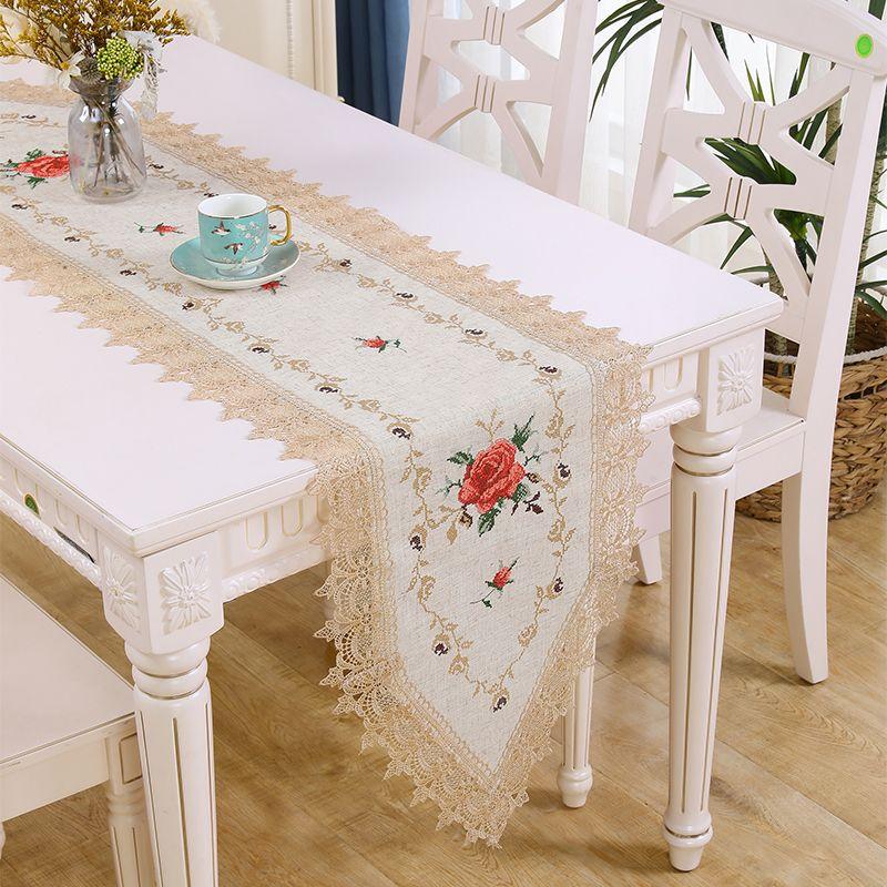 Minimally Embroidered Polyester Fabric Table Flag with Rural Style Art Flower Lace Edge Embroidered Table Flag European Light Luxury Tablecloth