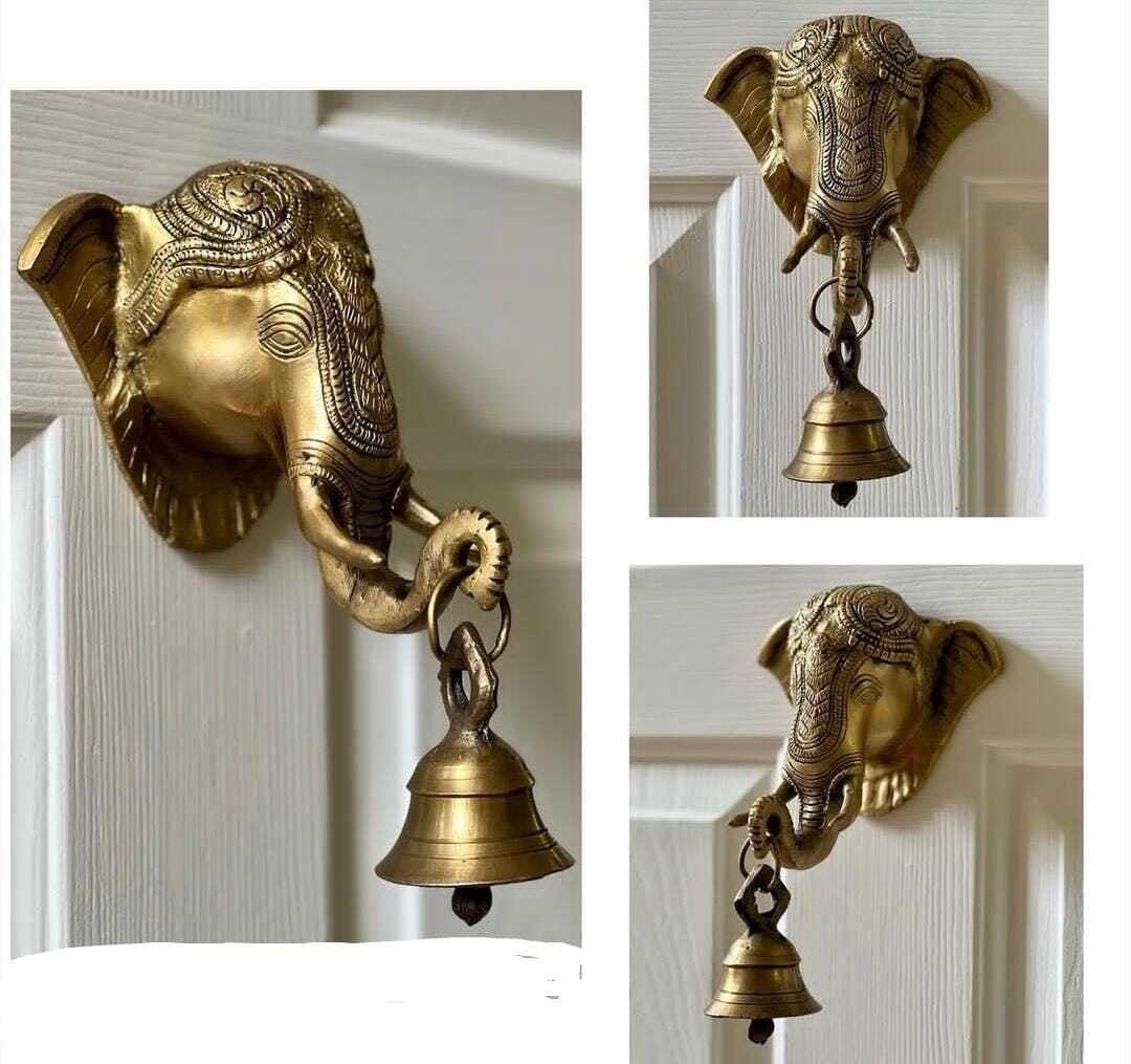 

Golden Elephant Face With Bell Brass Wall Hanging Sculpture, Small Size - 26 Cm
