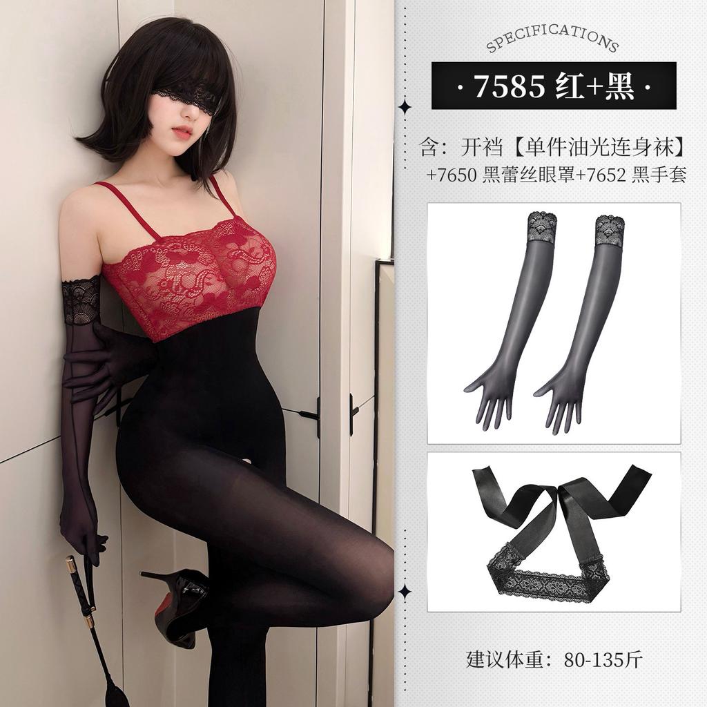 Feimu Lace Jumpsuit Tube Top See-through Open Crotch Glossy Bodystocking Temptation Sexy Women Rompers Clothing Body Suits YOZ8