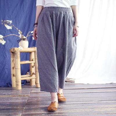 Vintage Striped Harem Pants For Women Elastic Waist Loose Summer Trousers Pockets Pants