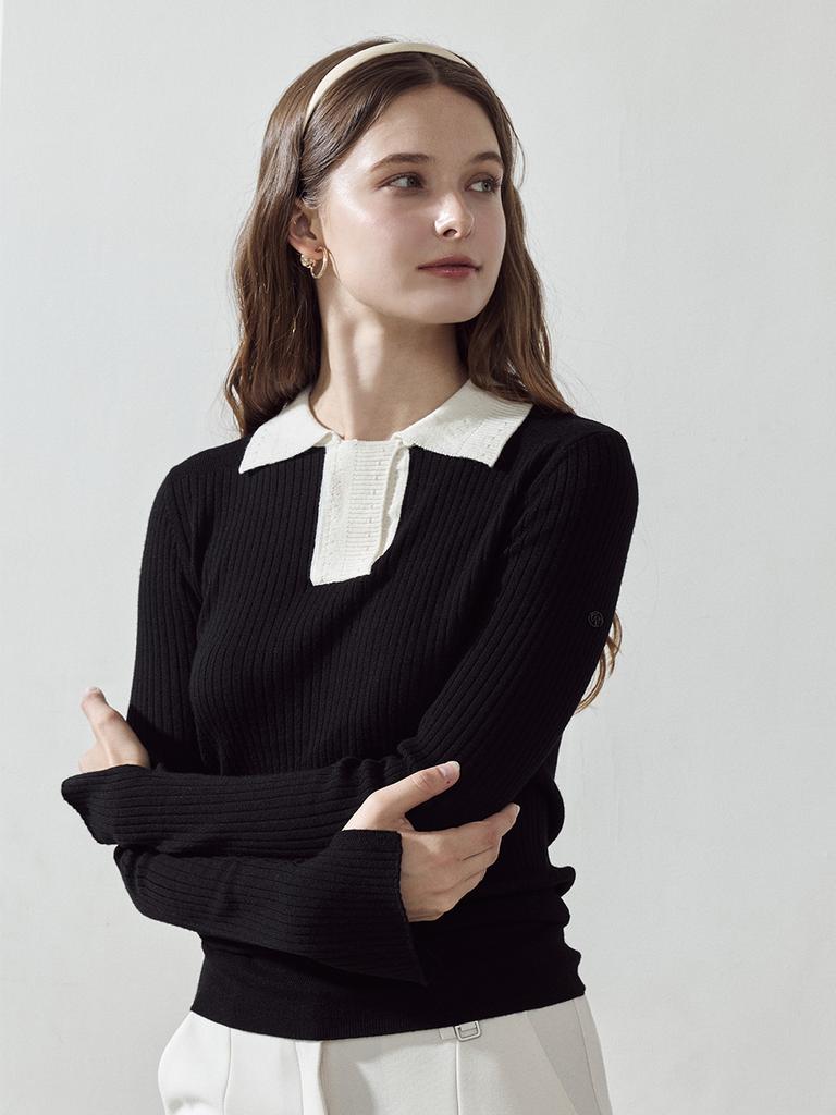 LORDLOAR Slim Contrast Collar Knit Black
