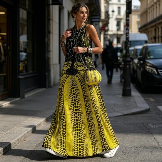 Vestido Maxi de Verano para Mujer, Vestido Largo Estampado sin Mangas de Cuello Redondo, Atuendos Casuales Fluidos para Vacaciones con Bolsillos