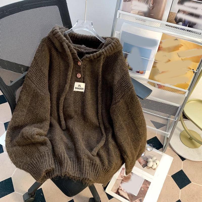 Herbst und Winter Kapuzenpullover Damen Langarm Warme Knöpfe Lockerer Pullover Solides Sweatshirt