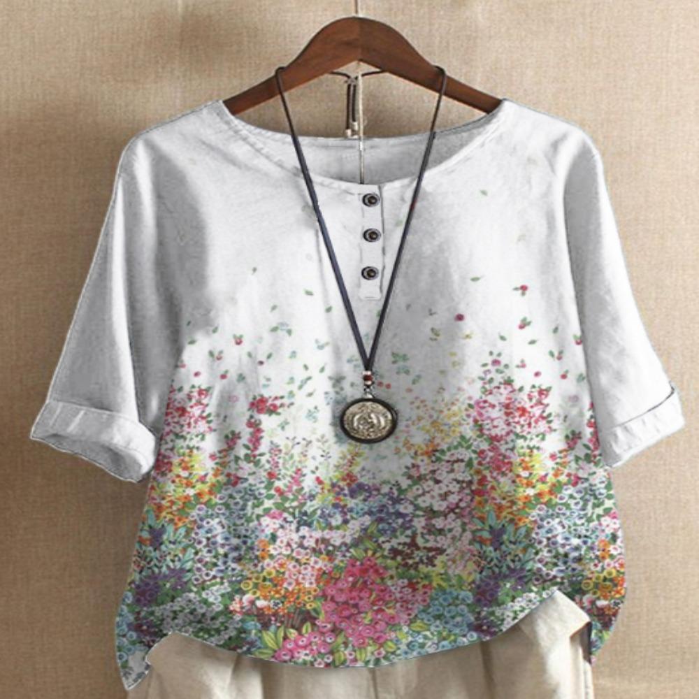 Ethnic Style Women's O-neck Digital Vintage Print Loose Shirt Half Sleeve Blouses Tops Women Harajuku Casual Pullover