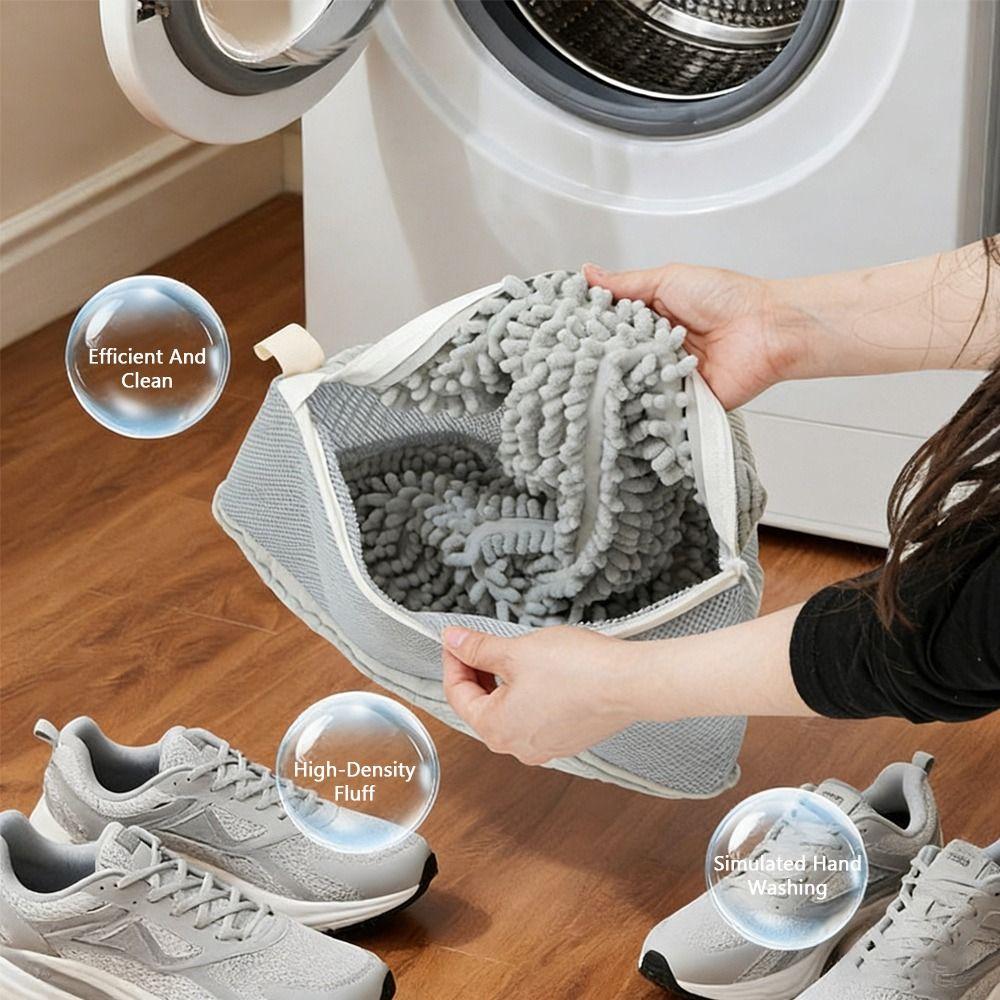Zipper Closure Shoe Washing Bag Fluffy Chenille Shoes Cleaning Bag Durable Laundry Bag  Household