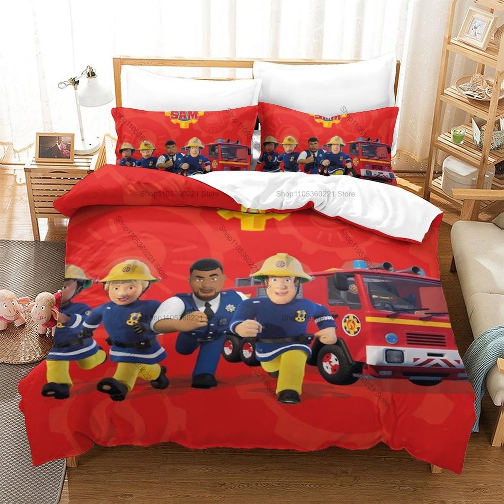Cute Fireman Sam Rescue Cartoon Fire Engine HD Print Bedding Set Duvet Cover + 2 Pillowcases Polyester Boys/Girls Room Decor