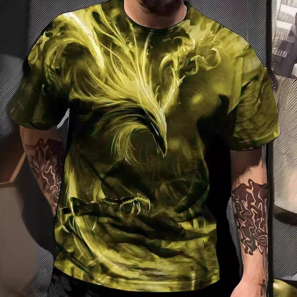 Summer Round Neck Mythical Bird Graphic 3D Print Top Fashionable Casual Short Sleeved Men's T-shirts