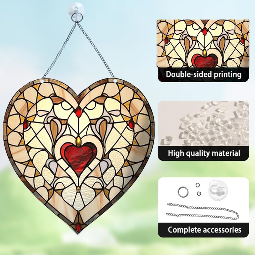 Heart-Shaped Stained Acrylic Window Hanging,Red Heart Acrylic Window Decor Stained Panel Hangings Wall Art Decor for Valentine's Day Birthday Home