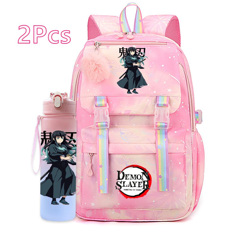 2Pcs/set Cartoon Demon Slayer Printed Backpack with 750Ml Water Bottler for Teenager Bookbag Large Capacity Waterproof Travel Bag