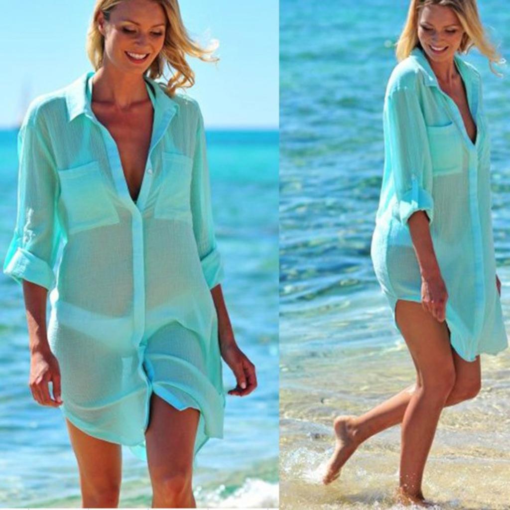 Geknitterter Stoff zwei Taschen verdeckte Knöpfe Strandbluse Bikinijacke Hemd Badeanzug Strickjacke Damen