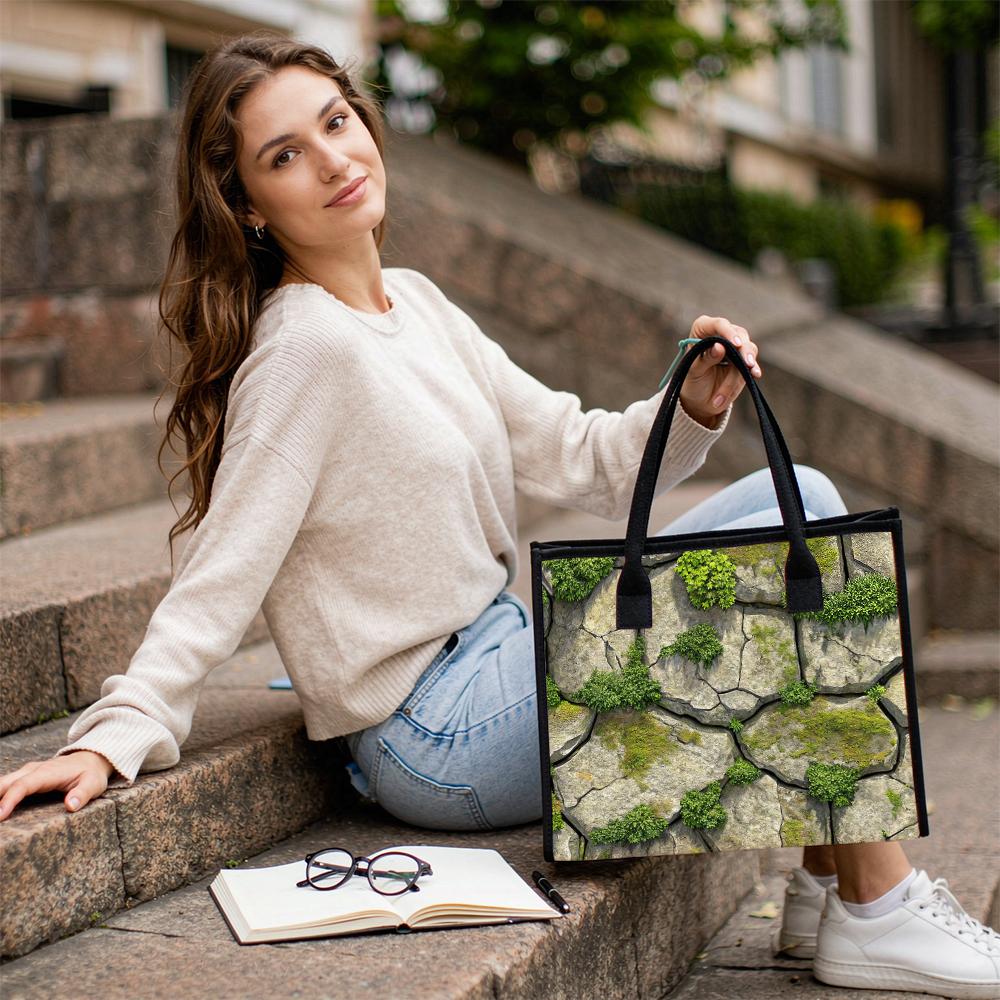 Nature Moss Stone Print Tote Bag Outdoor Daily Large Capacity Lightweight Shoulder Bag