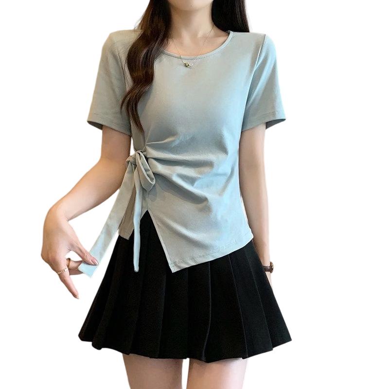 La Chapelle Women s Korean Style Slimming Lace-Up Short Sleeve T-Shirt 4XL