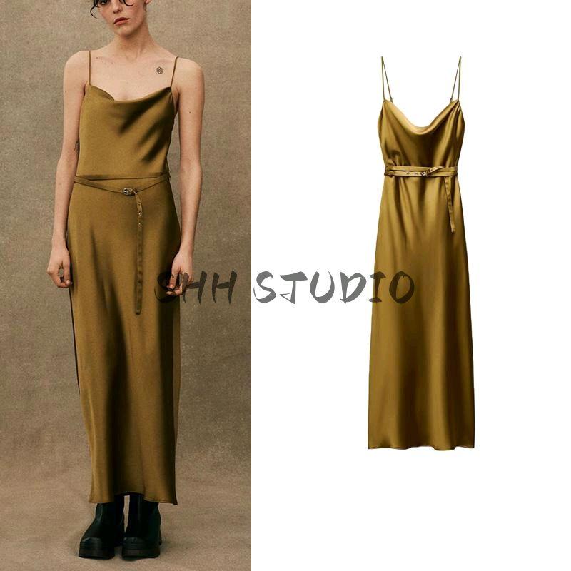 Spring New Women's Clothing Pleated Drape Effect Collar with Belt Silk Satin Texture Midi Skirt Sling Dress 2303331
