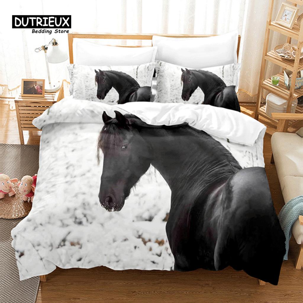 Unicorn Horse Bedding Set 3D Animal Print Duvet Cover Galloping Horse Comforter Cover Queen For Boys Teens Adults Decor Bedroom