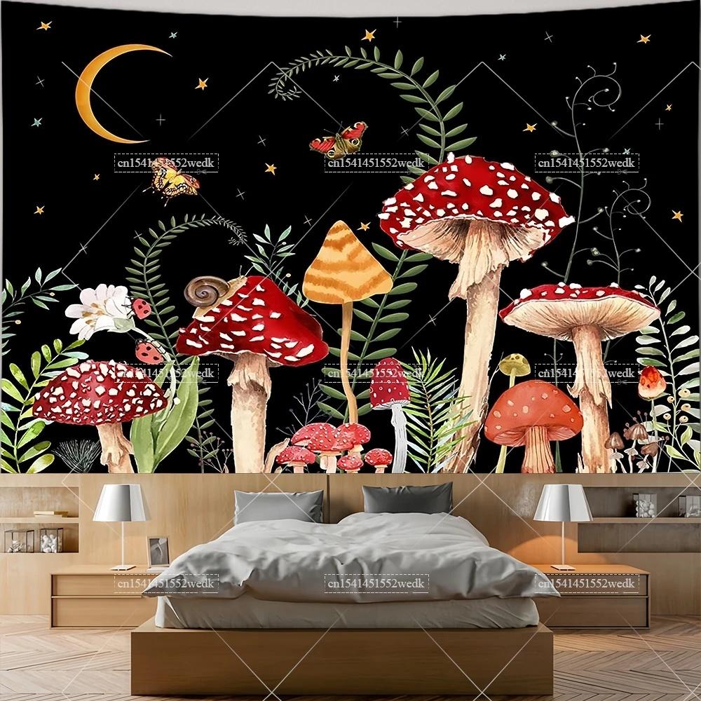Mushroom Tapestry Moon Star Tapestries Butterfly Snail Frog Tapestrys Aesthetic Room Decor Starry Night Green Plant Tapastrys