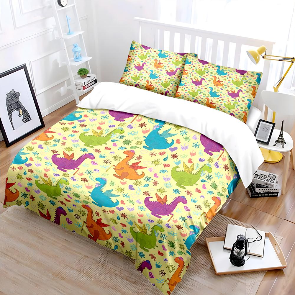 Cartoon Dragons With Colorful Pattern Duvet Cover Set Digital Print Colorful Polyester Bedding With Zipper Closur For Kids Gifts