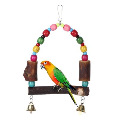 Wooden Bird Cage Stand Parrot Hanging Swing with Colorful Beads Bell Resting Rack Toy