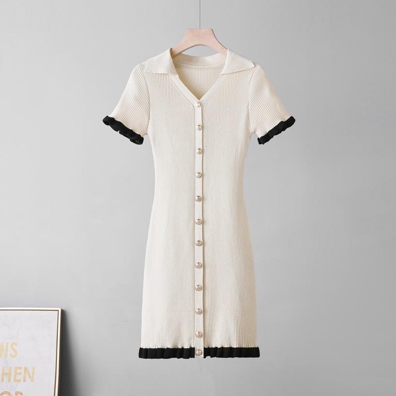 V-neck Slim Slim Slim Single-breasted Splicing Short-sleeved Knitted Hip-wrapped Dress Commuter Summer Dress