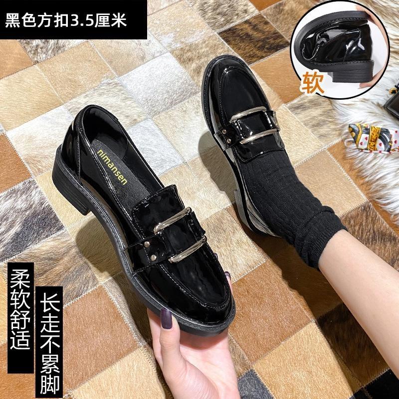 Genuine Leather SpringSeason and FallSeason Four Seasons Silent Work Gold Buckle Paint Glossy Round Head British Small Leather FootPairs Lady