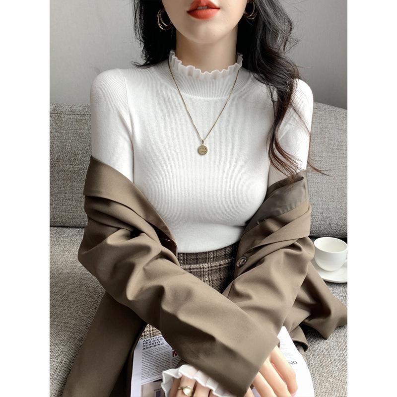 Lace lace inner top spring semi-turtleneck knitted sweater women's solid color high-end slim-fit bottoming shirt