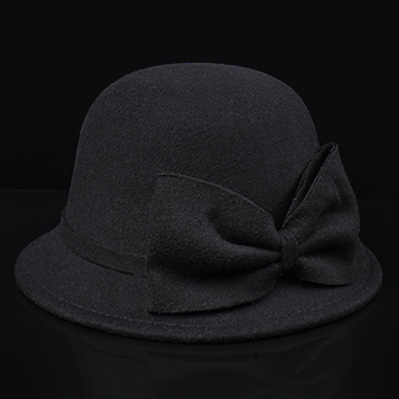 Damen Herbst- und Winterwolle Wollschleife Schüsselhut modisch und einfach Krempenhut Promi elegant Filz-Zylinderhut
