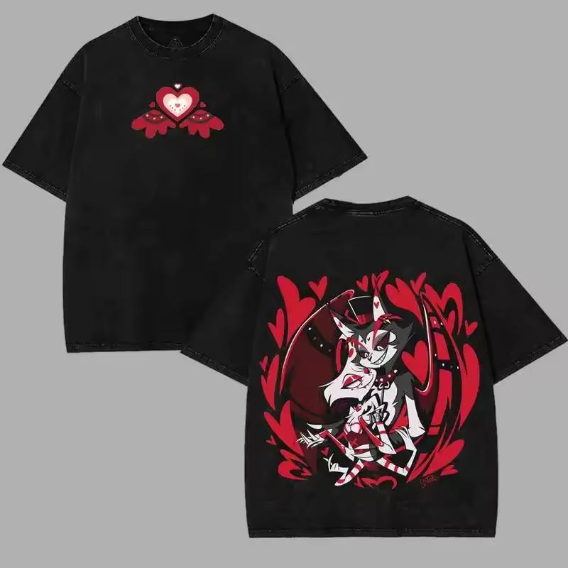 Graffiti Style Printed Trendy T-shirt Retro Washed Worn Men Women Casual Street Style T-shirt Classic Hot Blooded Street Style