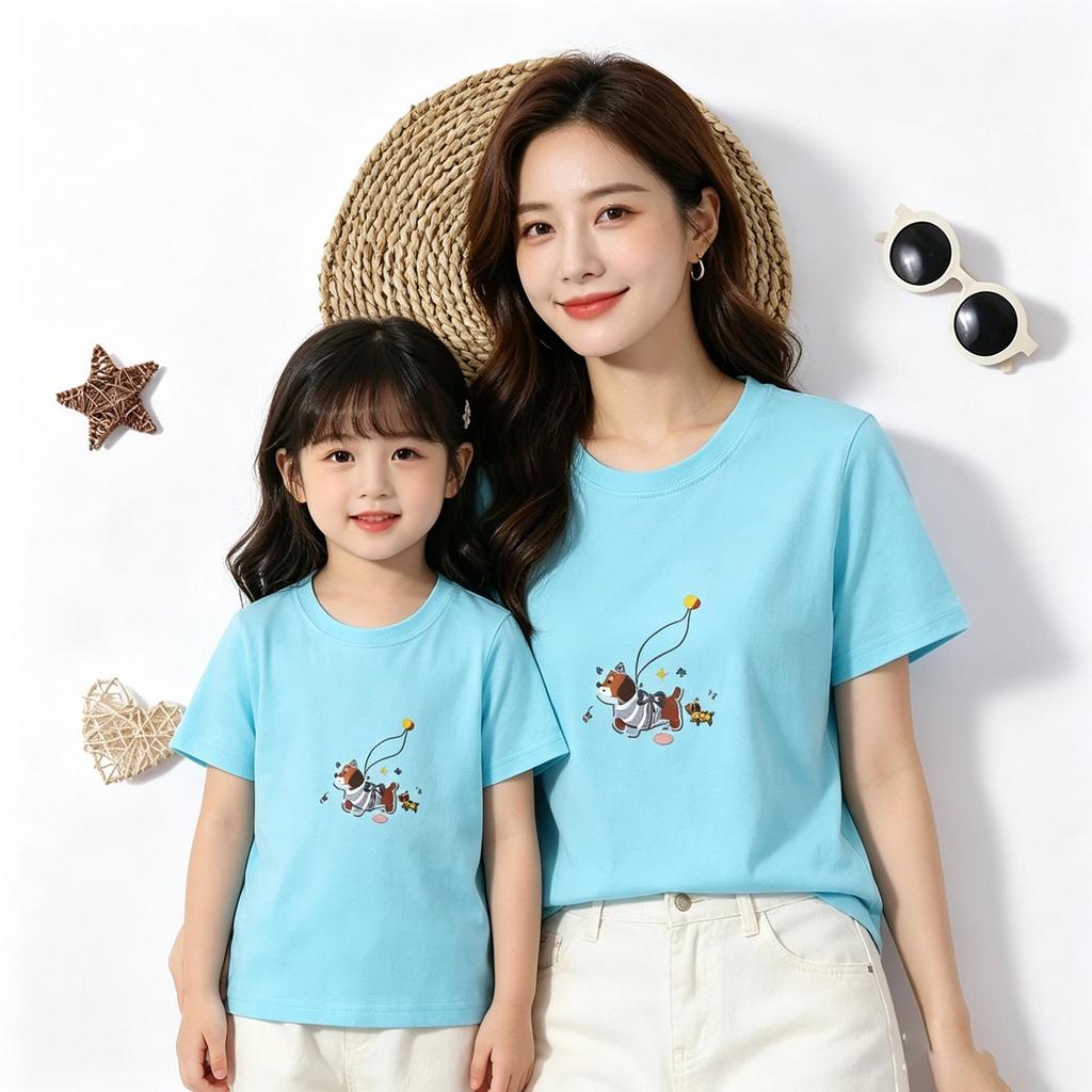 Puppy Print 100% Cotton Round Neck Short-Sleeved T-Shirt: Summer New Arrival for Mother-Daughter Matching