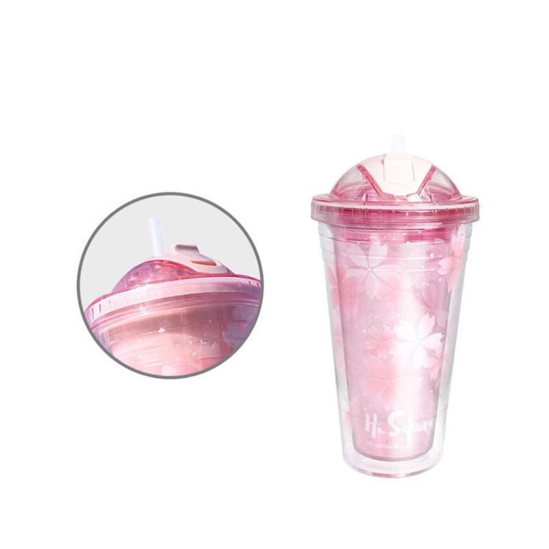 480ml Sakura Plastic Cups Double Wall Hidden Straw Iced Cup Creative Juice Drinking Cup Kids Gift Water Bottle for Outdoor