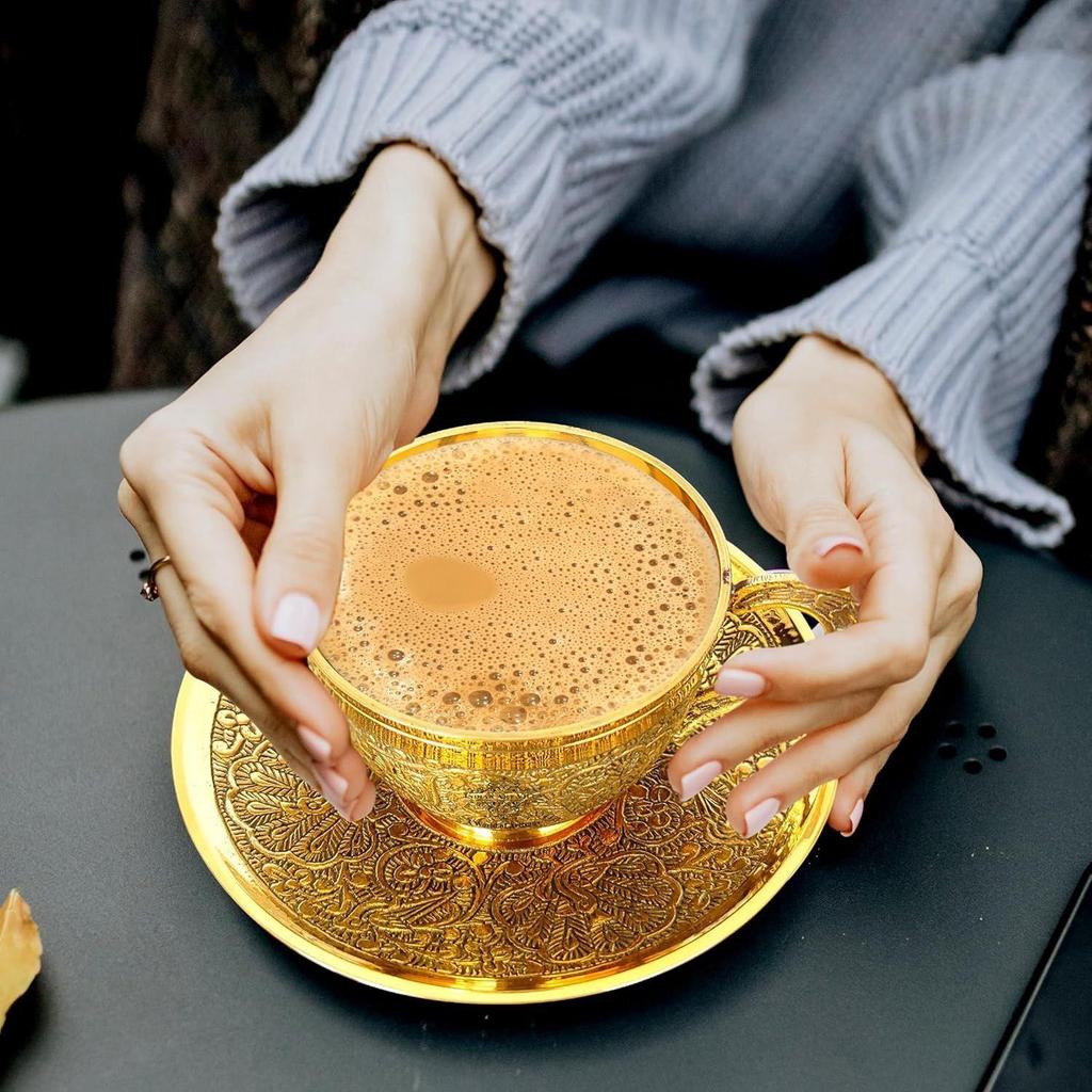 Tasse et soucoupe en laiton pur avec motif en relief, pour servir le thé, le café, vaisselle