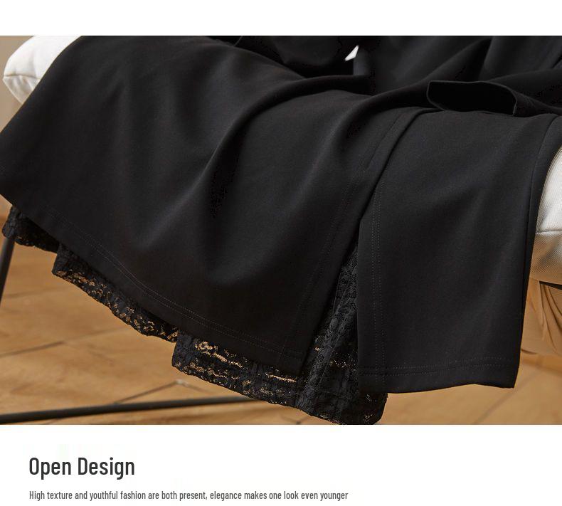 Plus Size Women's Mid-Length Black Dress with Lace Patchwork - Slimming Waist, Perfect for Spring, Autumn, and Winter