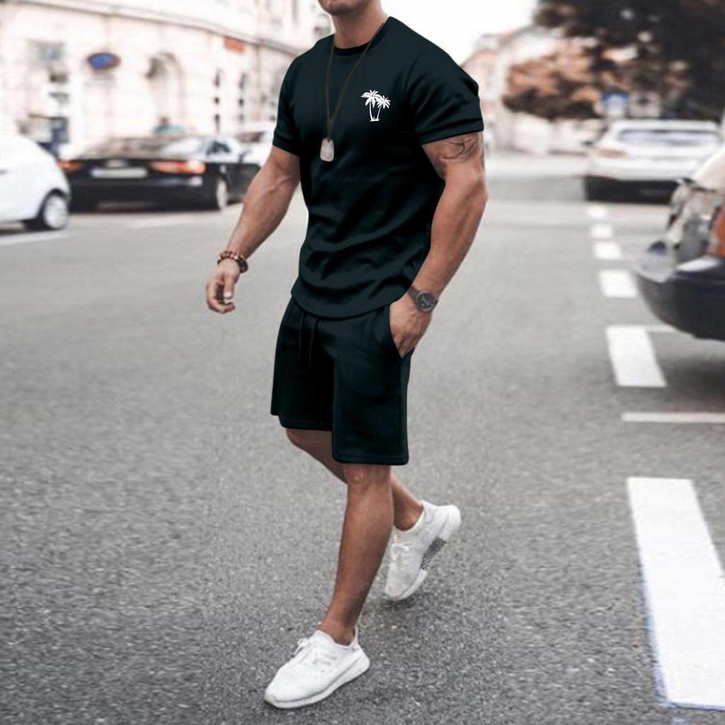 Ανδρικά Σετ Δύο Τεμαχίων Καλοκαιρινά Casual Μυώδη Μπλουζάκια Κοντομάνικα και Κλασικής Γραμμής Αθλητικά Σορτς Σετ Φόρμας