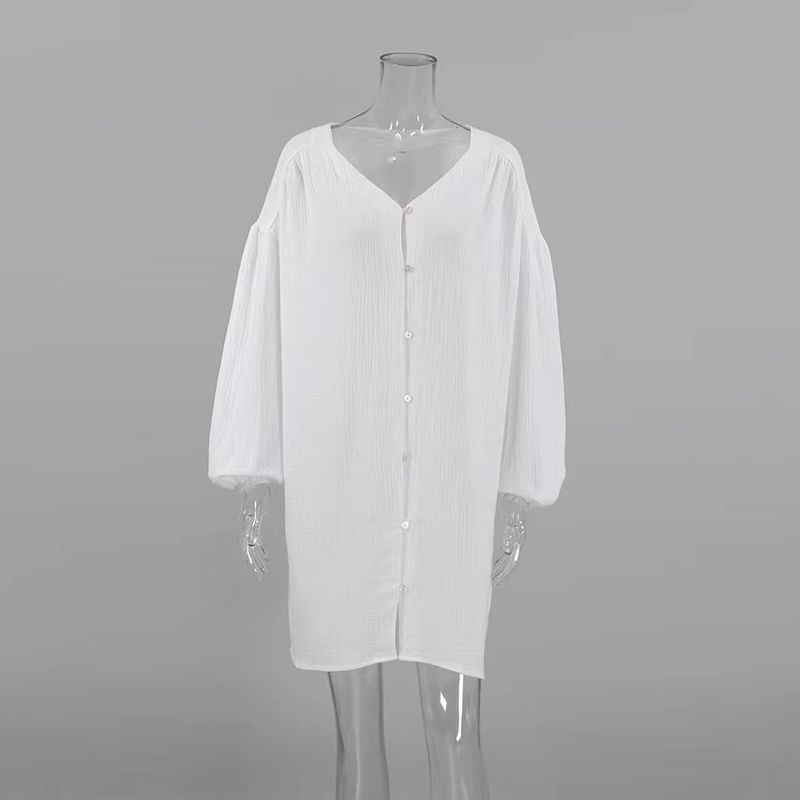 

Fashion Wind New Arrival Loose Long Sleeves V Neck Dress Fashion Plaid Pajamas V-Neck Loose Dress White M