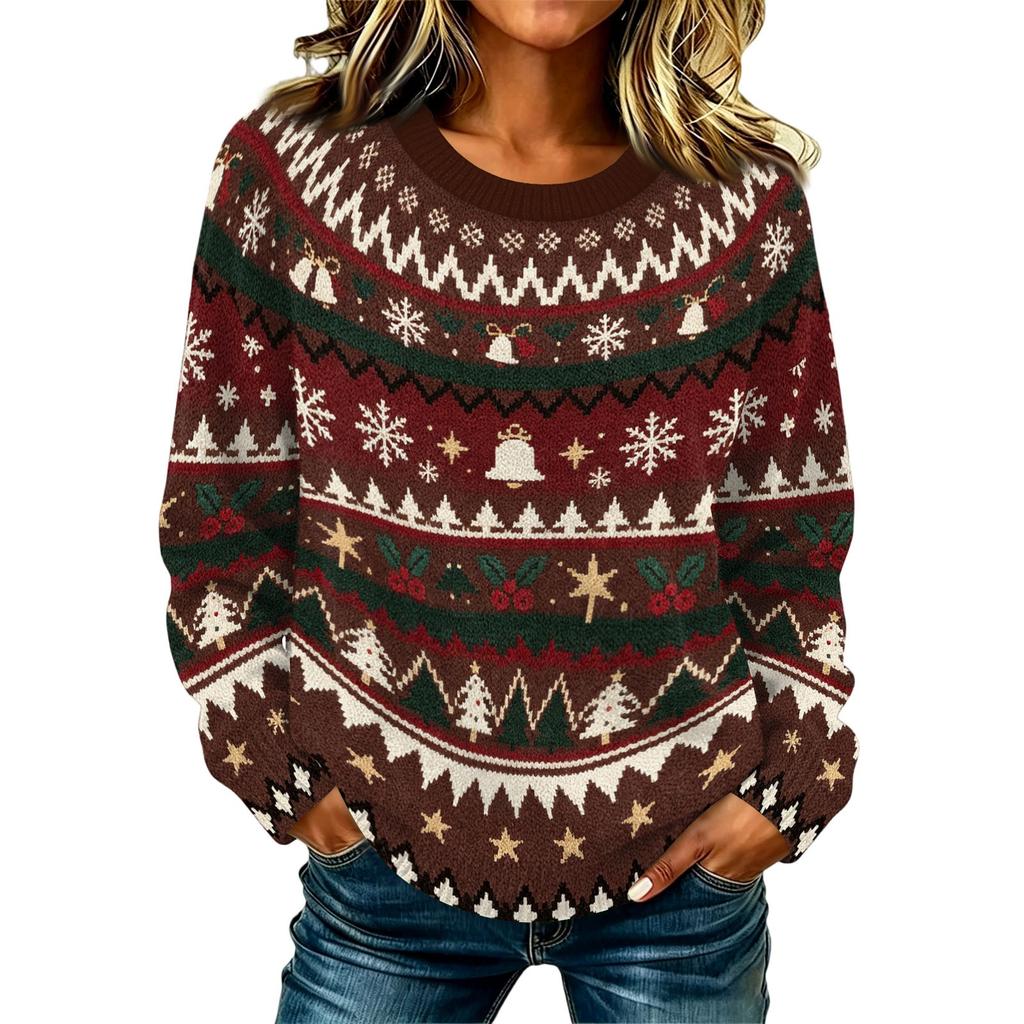 Maglione Pullover da Donna Casual Elegante a Manica Lunga con Collo Alto e Stampa Natalizia