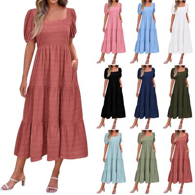 Women's Fashionable Solid Color Bubble Sleeve Square Neck Back Pleated Short Sleeved Pocket Dress