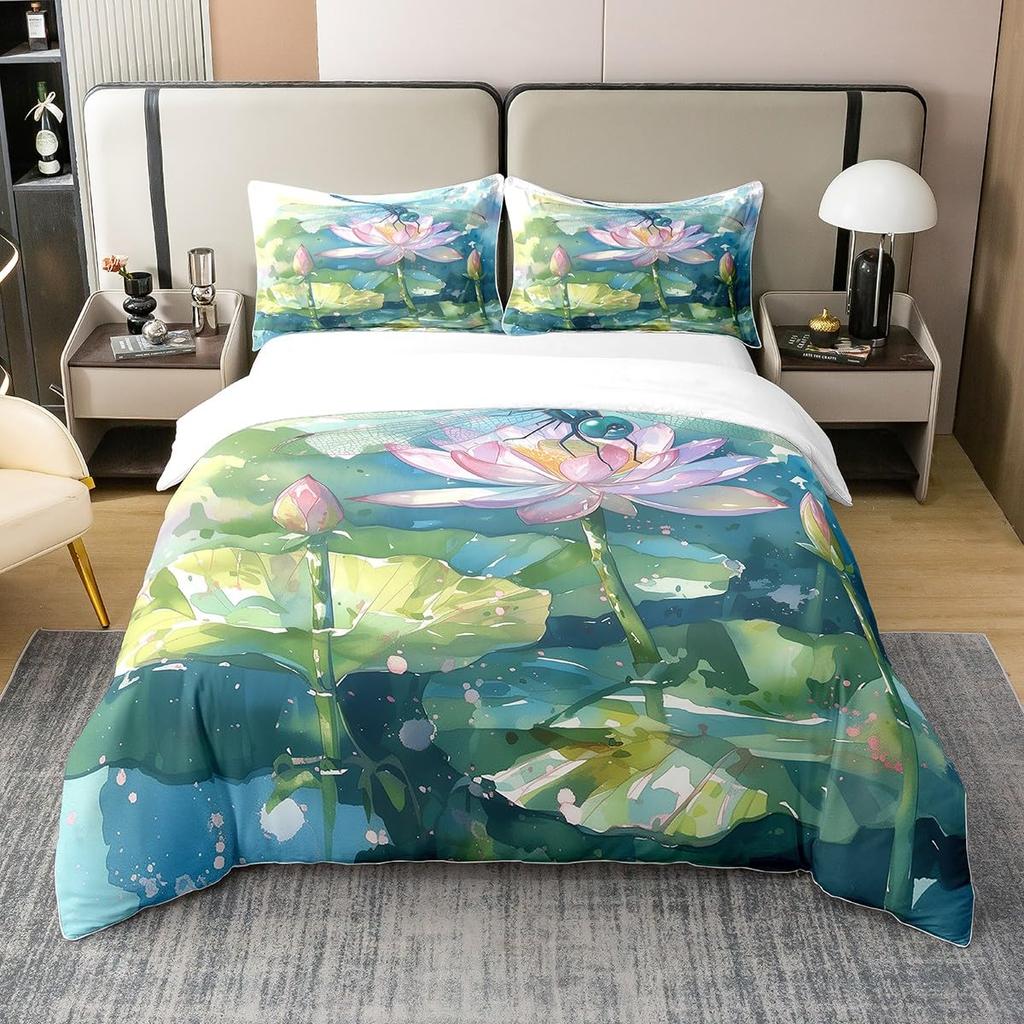 Dragonfly and Lotus Duvet Covers for Kids Teens Lightweight Quilt Covers Blossom Flowers Pond Natural Scenery Animal Bedding Set
