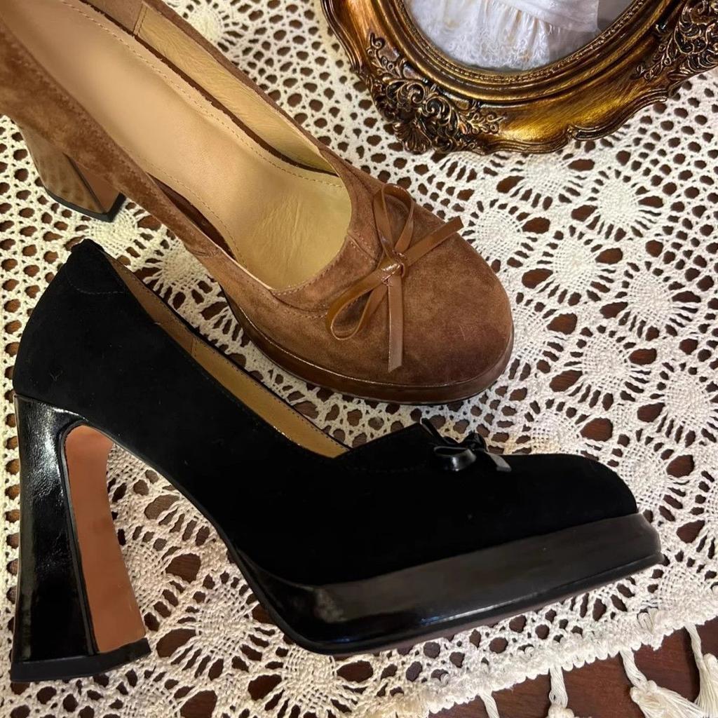 10Cm high heels women's round head single shoes 2025 spring new fashion bow thick heel waterproof table temperament advanced sense