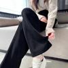 Petite Women's Black Fleece-Lined High-Waisted Wide-Leg Pants for Fall/Winter