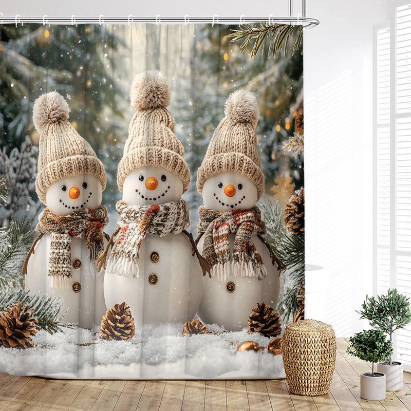 Julduschdraperier Söt Snögubbe Fåglar Ekorre Vinterskog Röda Bär Nyår Jul Badrumsgardindekor Med Krokar