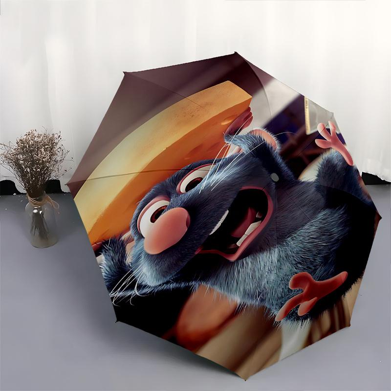 Disney Ratatouille, Automatischer Öffnungs-/Schließschirm mit Käse - Niedlicher Schirm mit süßem Design, Tragbarer 3-fach kompakter Schirm für Männer & Frauen,