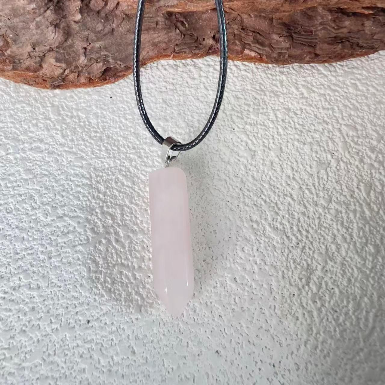 

Natural Stone Hexagonal Pendant Necklace - Large Bullet Crystal Clavicle Chain for Women with Black Leather Cord