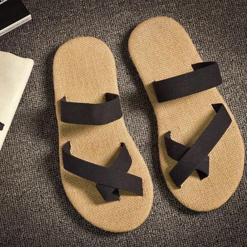 Summer natural linen couple Harajuku hard foam bottom beach flip-flops sandals Luffy straw slippers men