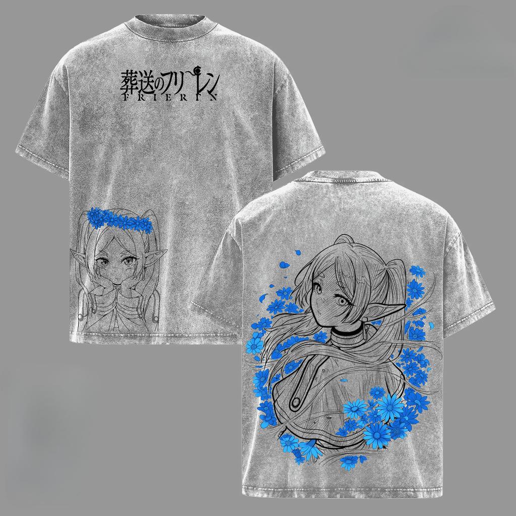 Frieren Anime T-shirt Harajuku Short Sleeve Tshirt For Men's Clothing Vintage Washed Oversized T Shirt Casual Cotton Tees Tops