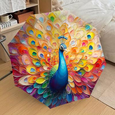 1PC Peacock Feathers Pattern Small Travel Automatic Folding Umbrella, Compact Windproof Umbrella, Automatic Open/Close ,Gift-091538