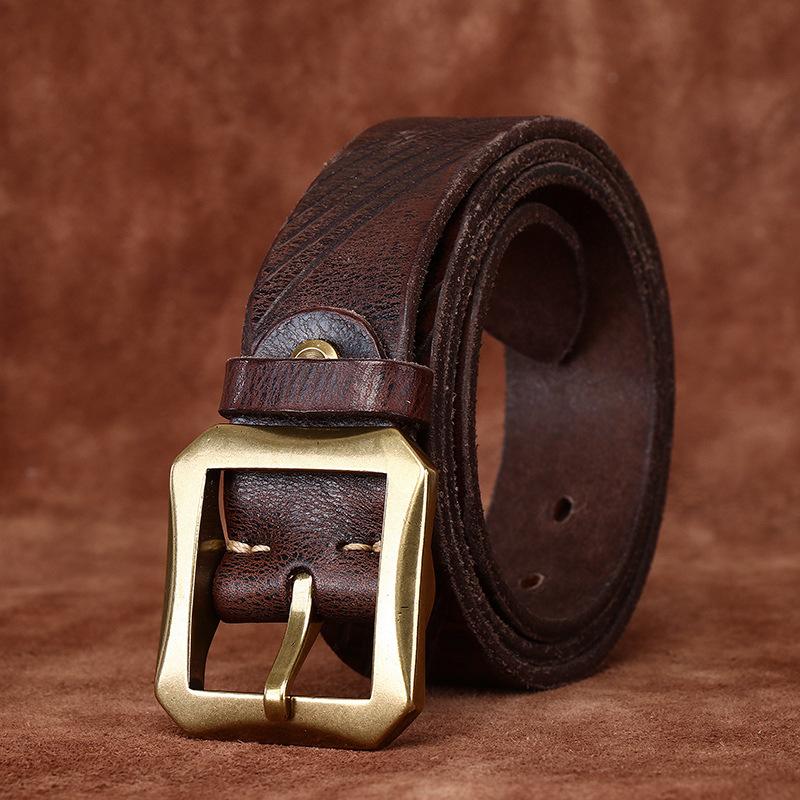 Belt Men's Vintage Heavy-Duty Washed Distressed Vegetable Tanned Full-Grain Leather Cowhide Leather Brass Buckle Trendy Unique Niche Belt