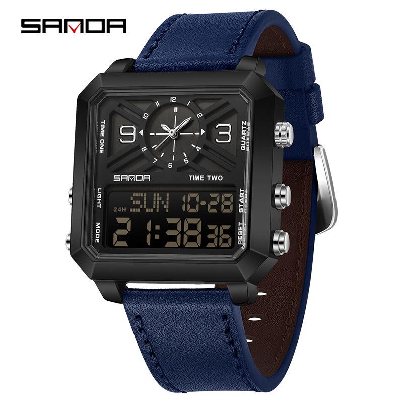 Sanda Men s Multifunction Square Watch with Steel & Leather Bands