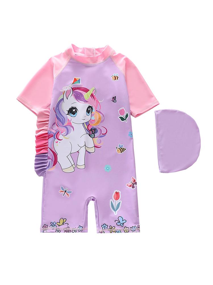 2026 Girls' One-Piece Swimsuit: Cute, Sun-Protective, Short Sleeves, Shorts for Surfing & Pool Activities