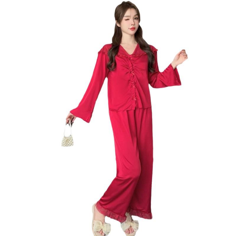 2025 Satin French Pajamas: Women's Ice Silk Long Sleeve & Pants Sweet Style Homewear Set