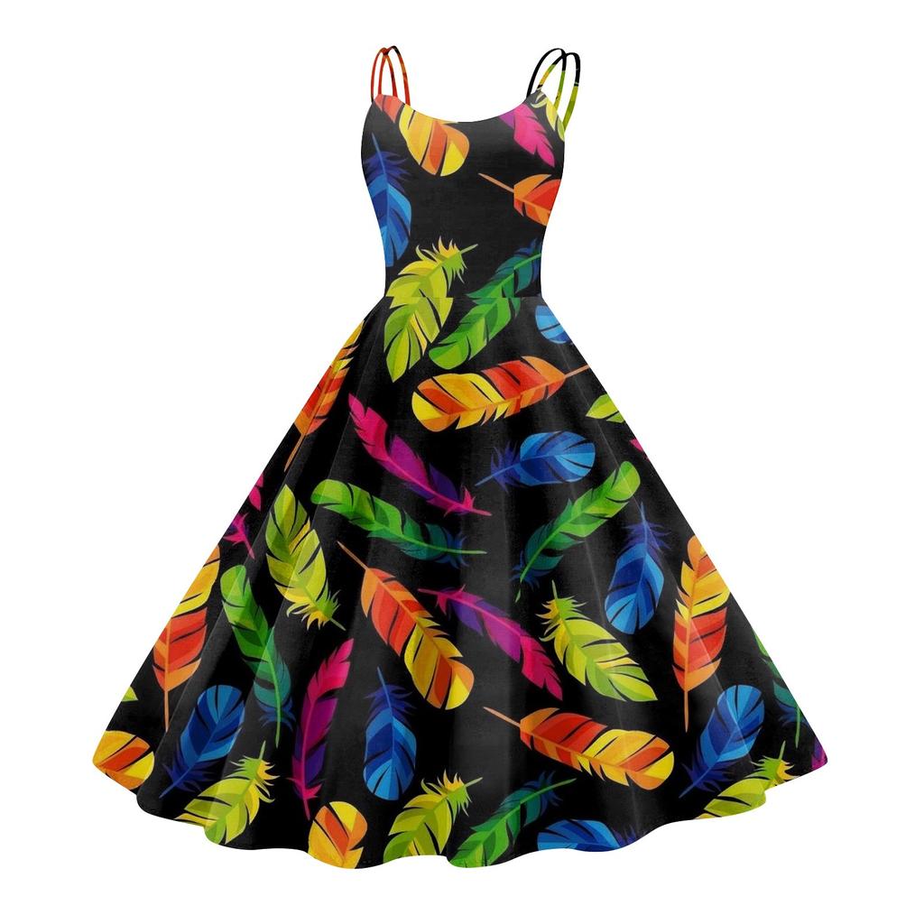 Dámské šaty, Karnevalový potisk, Sexy ramínka, Velká výstava, Retro šaty