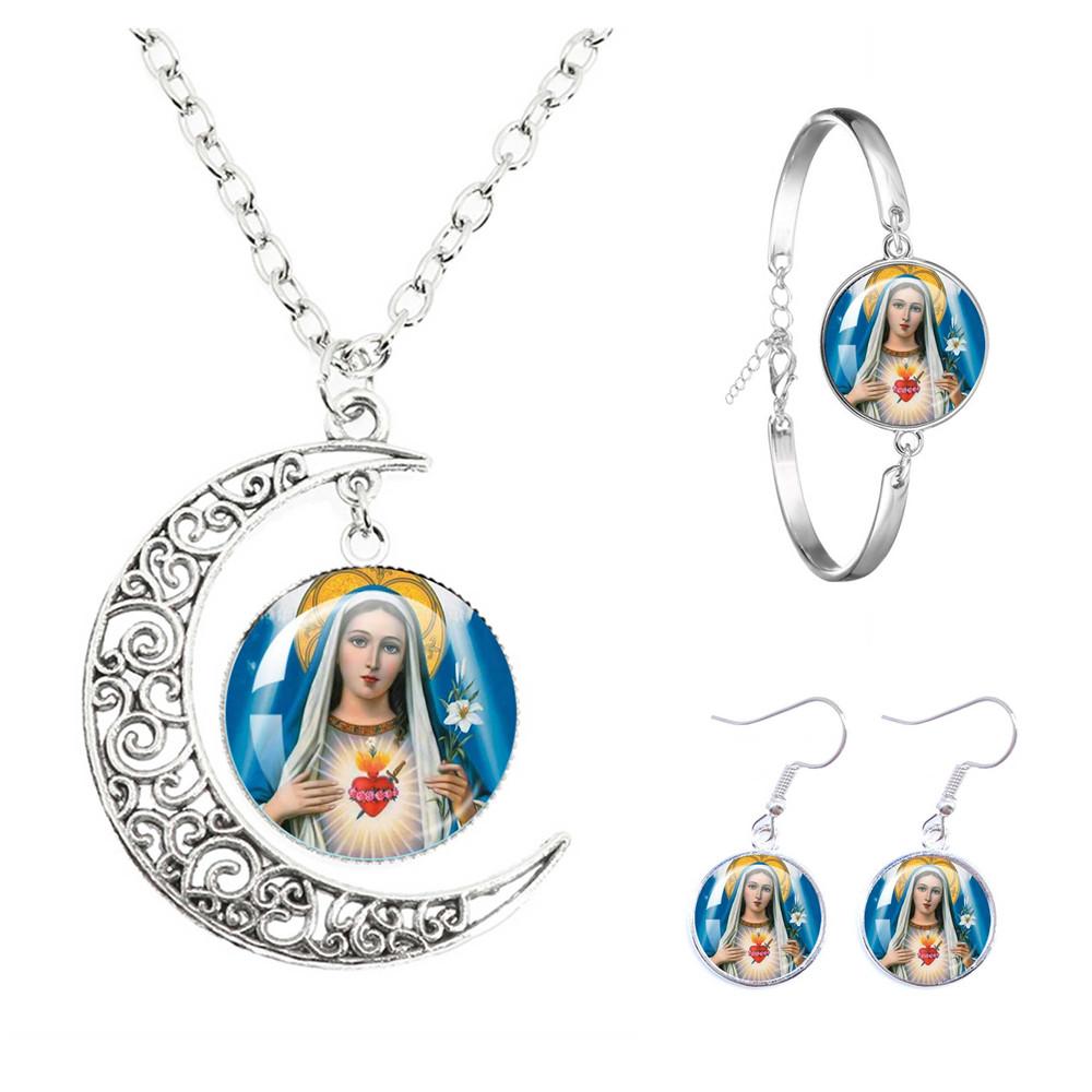 Virgin Mary And Baby Jesus Catholicism The Moon Necklace Earrings Bracelet Set Religious Glass Cabochon Pendant Gift Jewelry